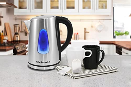 Elite Gourmet EKT-1271# Ultimate 1.7 Liter Electric Kettle – Stainless Steel Design & Cordless 360° Base, Stylish Blue LED Interior, Handy Auto Shut-Off Function – Quickly Boil Water For Tea & More