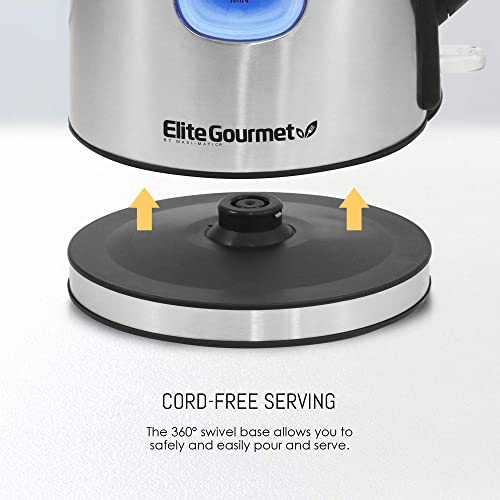 Elite Gourmet EKT-1271# Ultimate 1.7 Liter Electric Kettle – Stainless Steel Design & Cordless 360° Base, Stylish Blue LED Interior, Handy Auto Shut-Off Function – Quickly Boil Water For Tea & More
