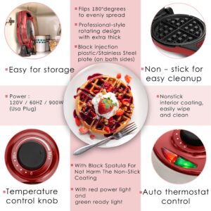 Moss & Stone Red Belgian Waffle Maker, Electric Waffle Machine, Flips & Non-Stick Grids, Temperature Control, Round Waffle