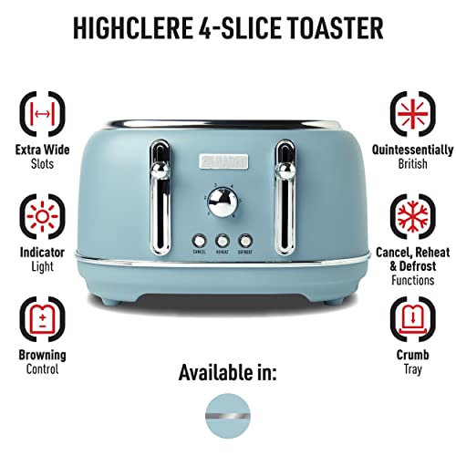 Haden 75026 Highclere Innovative 4 Slice Retro Vintage Countertop Wide Slot Toaster Kitchen Appliance with Self Centering Function, Pool Blue