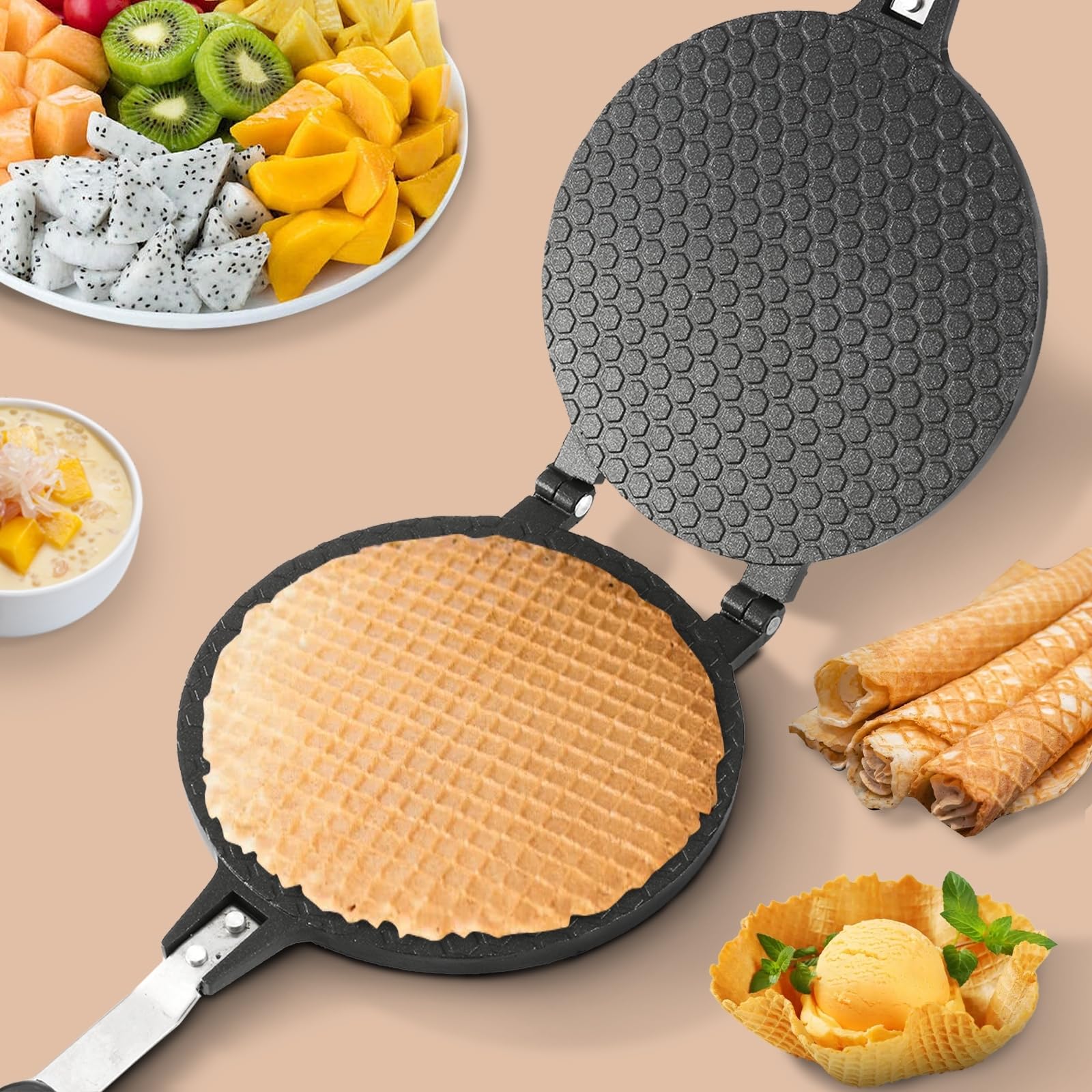 Dyna-Living Waffle Cone Maker Ice Cream Cone Maker 8.6 inches Household Waffle Bowl Maker Non-stick Egg Roll Maker for DIY Ice Cream Waffle Cone Desserts