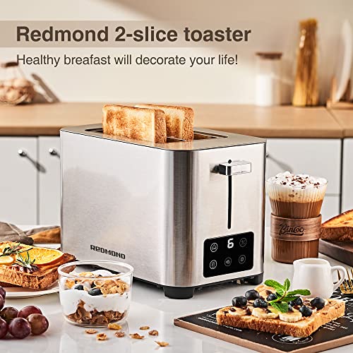 Toaster 2 Slice Extra-Wide 1.57” Slots, REDMOND Stainless Steel Toaster with LED Display, 6 Bread Shade Settings, Defrost/Bagel/Reheat/Cancel Functions and Removable Crumb Tray - 2 Slice