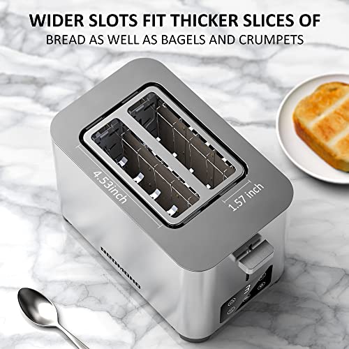 Toaster 2 Slice Extra-Wide 1.57” Slots, REDMOND Stainless Steel Toaster with LED Display, 6 Bread Shade Settings, Defrost/Bagel/Reheat/Cancel Functions and Removable Crumb Tray - 2 Slice