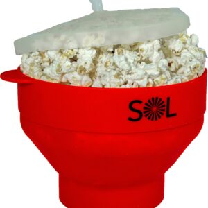 SOL - Heat-Resistant Cooking Utensil Set Microwave Silicone Popcorn Maker with Lid and BPA Free,Heat Resistant Silicone Popcorn Maker Collapsible Bowl 10 X 8 X 6 Inches - Red