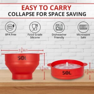 SOL - Heat-Resistant Cooking Utensil Set Microwave Silicone Popcorn Maker with Lid and BPA Free,Heat Resistant Silicone Popcorn Maker Collapsible Bowl 10 X 8 X 6 Inches - Red