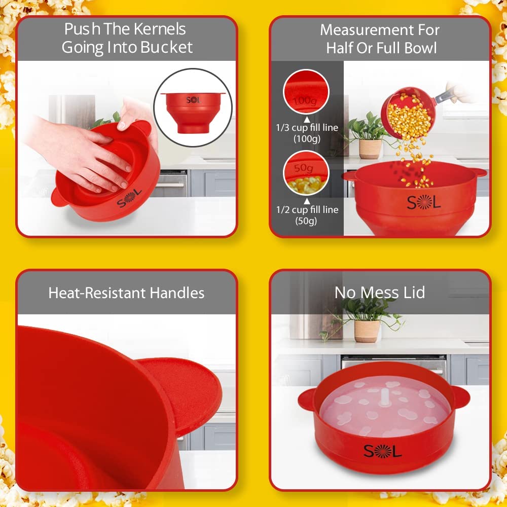 SOL - Heat-Resistant Cooking Utensil Set Microwave Silicone Popcorn Maker with Lid and BPA Free,Heat Resistant Silicone Popcorn Maker Collapsible Bowl 10 X 8 X 6 Inches - Red