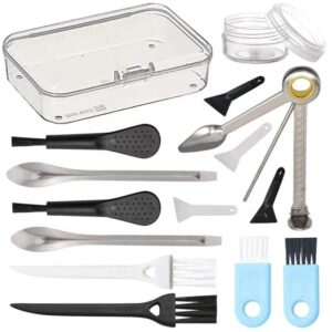 fanva black scrapers, brushes & spoons kit with 3 in 1 cleaning tool for spice grinder include 4 pcs scrapers,6 pcs 3 types of brushes,2 spoons,1 pcs plastic jar and a storage box