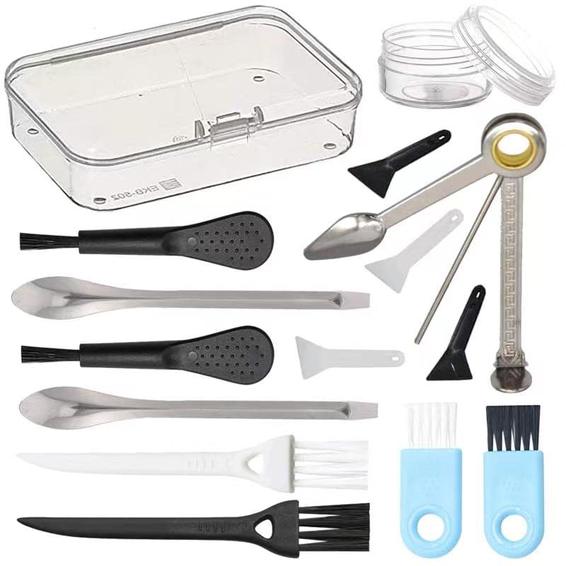 FANVA Black Scrapers, Brushes & Spoons Kit with 3 in 1 cleaning tool for Spice Grinder include 4 Pcs Scrapers,6 Pcs 3 Types of Brushes,2 Spoons,1 Pcs Plastic Jar and A Storage Box