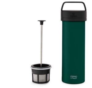 espro – p0 ultralight – single serve french coffee press and lightweight hydration bottle for travel, camping and everyday use, stainless steel, vacuum insulated 16 oz (green)