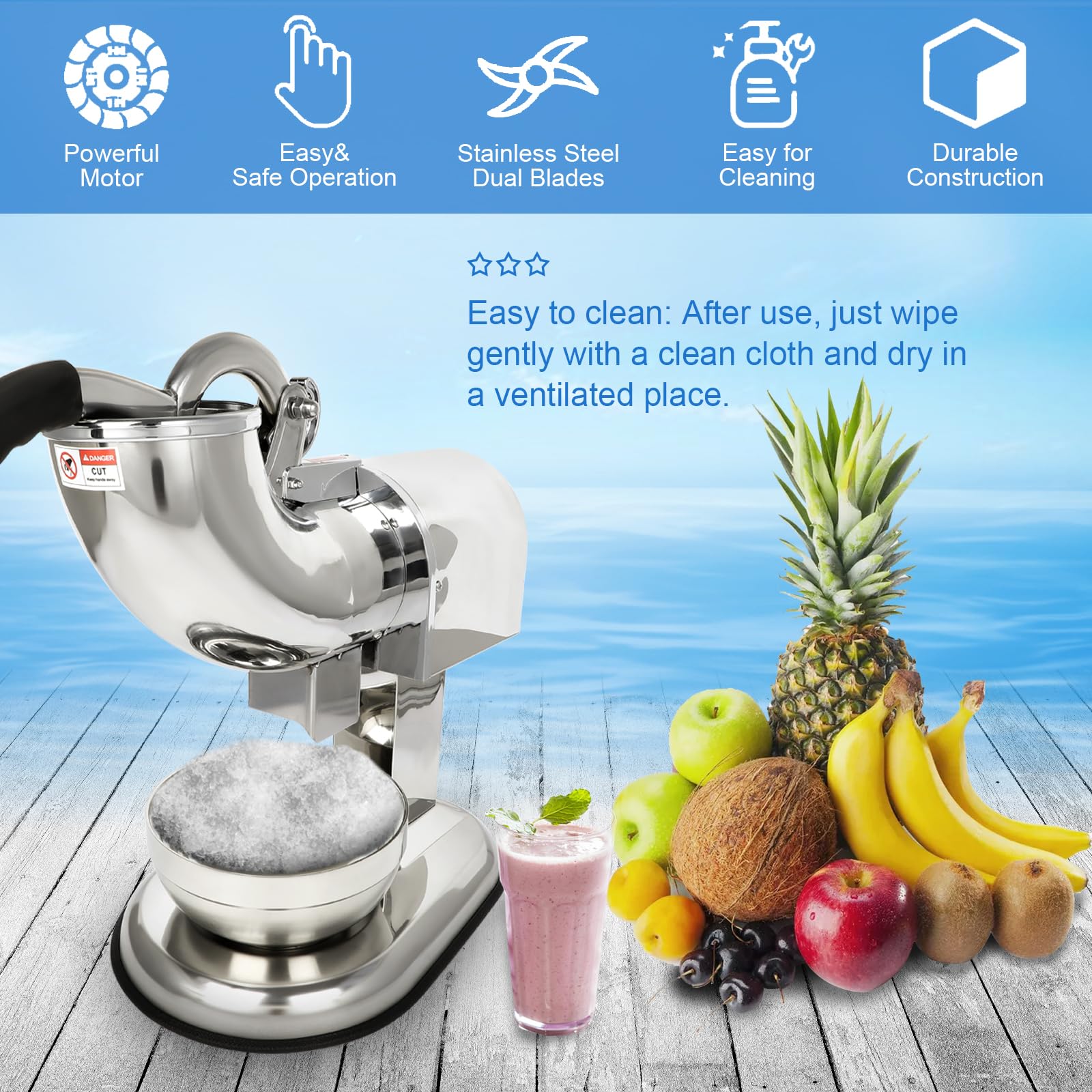 Shaved Ice Machine Electric Snow Cone Maker Machine Ice Crusher Dual Blades 440lbs/hr for Home and Commercial Ice Shaver Heavy Duty Silver