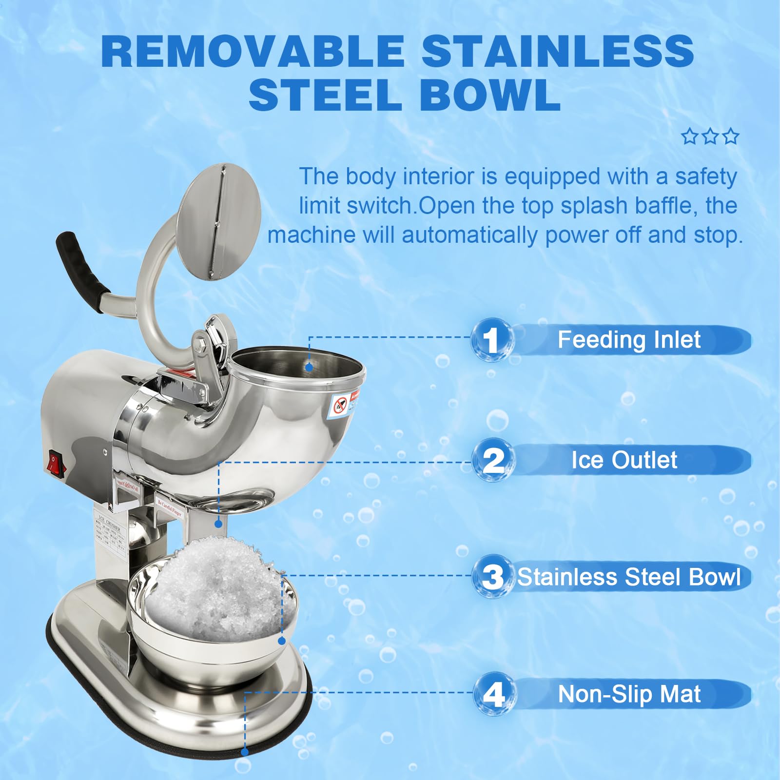 Shaved Ice Machine Electric Snow Cone Maker Machine Ice Crusher Dual Blades 440lbs/hr for Home and Commercial Ice Shaver Heavy Duty Silver