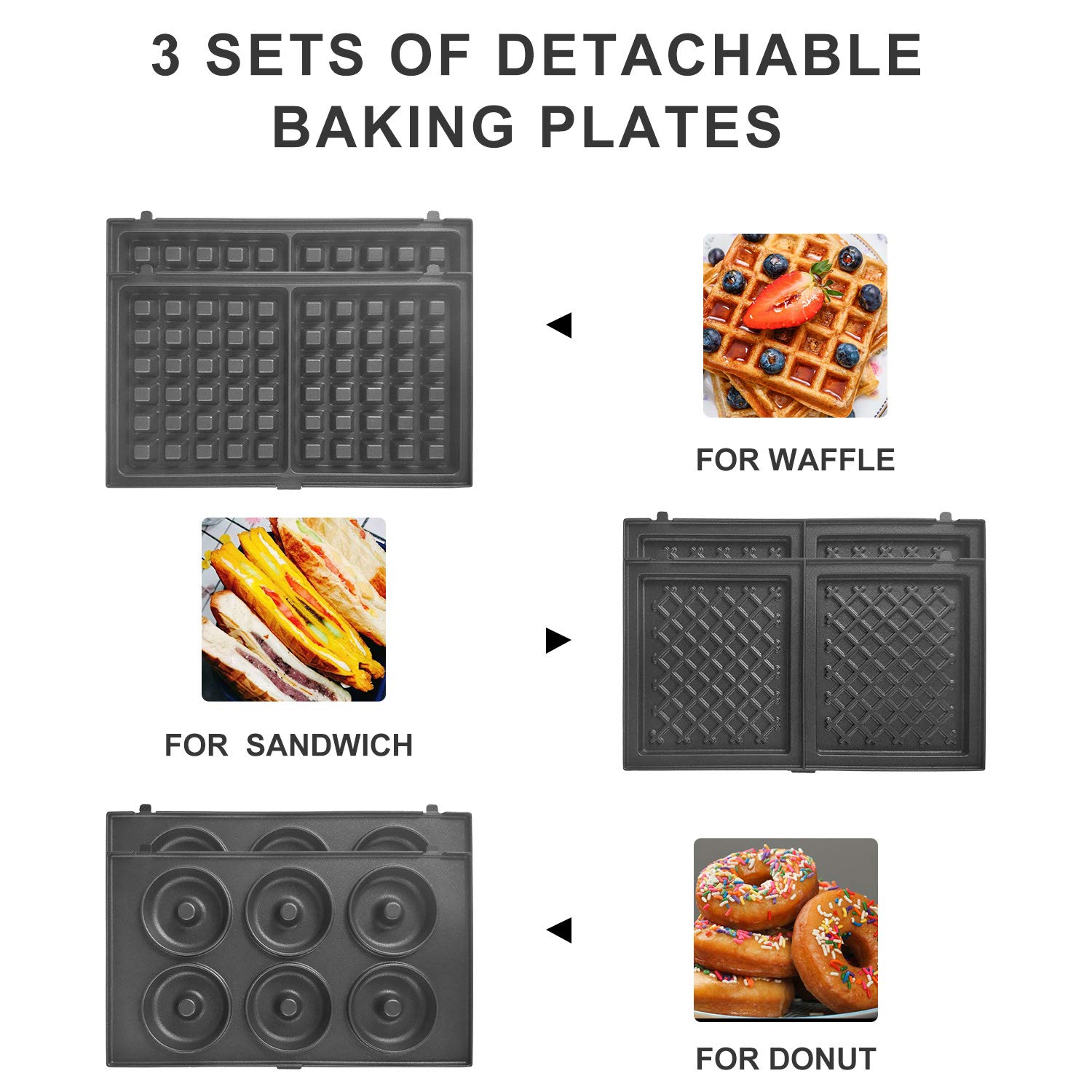 Health and Home Multi Baker, with 3 sets of interchangeable plates for making Belgian Waffle, Gourmet Sandwich, Doughnuts and More Snacks