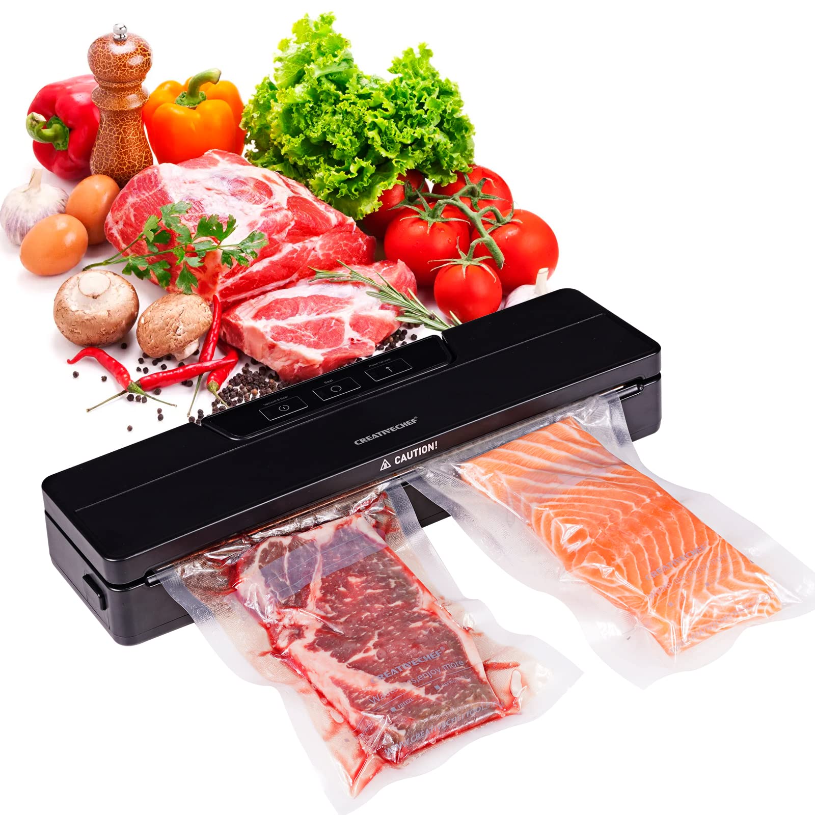 CREATIVECHEF Vacuum Sealer Machine, Compact Precision Food Vacuum Sealer, One-Touch Automatic Vacuum Sealer, for Sous Vide, Food Storage & Vacuum Sealer Bag, Include Starter Kit (Black)