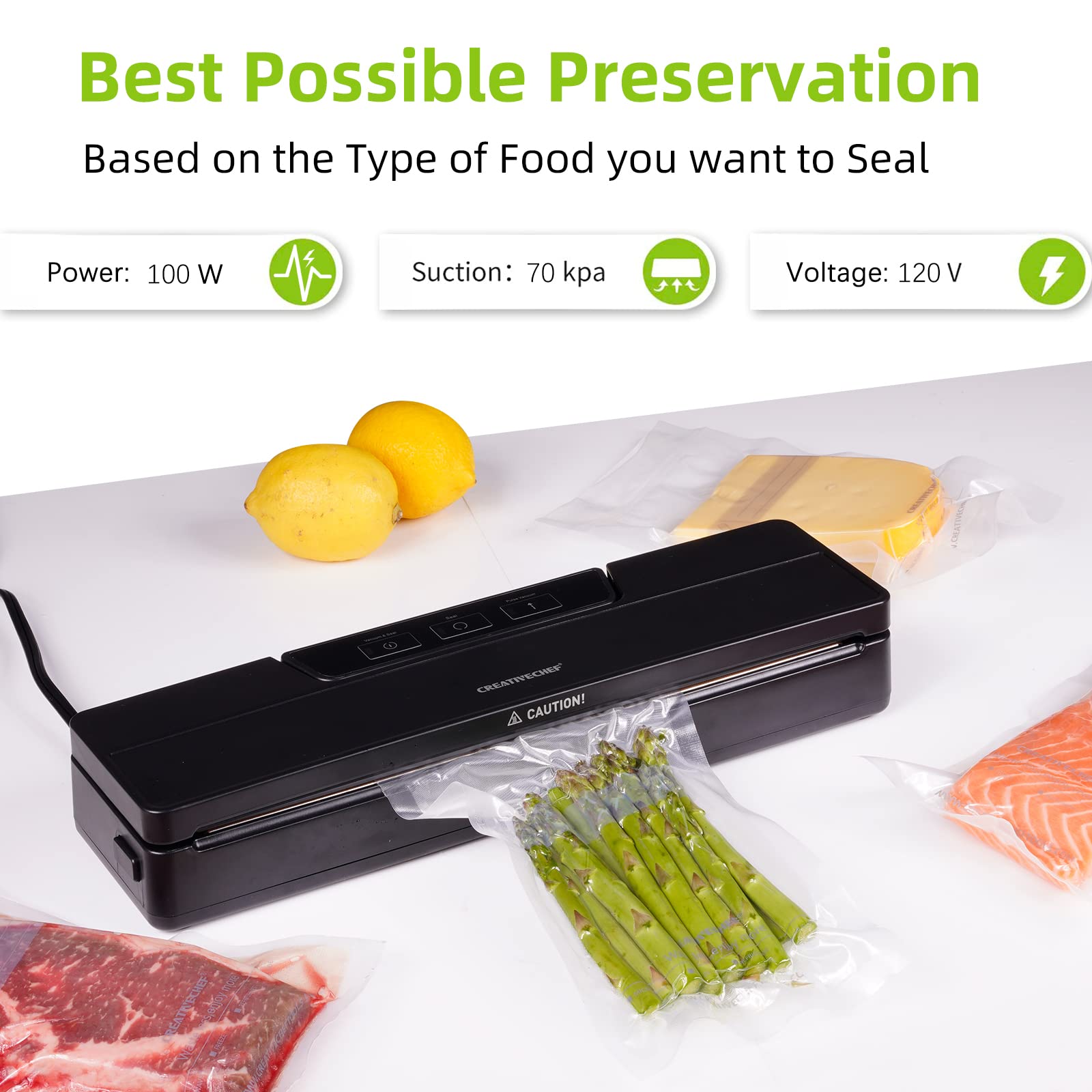 CREATIVECHEF Vacuum Sealer Machine, Compact Precision Food Vacuum Sealer, One-Touch Automatic Vacuum Sealer, for Sous Vide, Food Storage & Vacuum Sealer Bag, Include Starter Kit (Black)