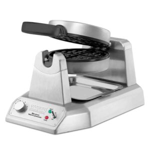 waring commercial ww180x heavy duty single belgian waffle maker, coated non stick cooking plates, produces 25 waffles per hour, 120v, 1200w, 5-15 phase plug, silver, 12.5 x 17.88 x 10.5 inches