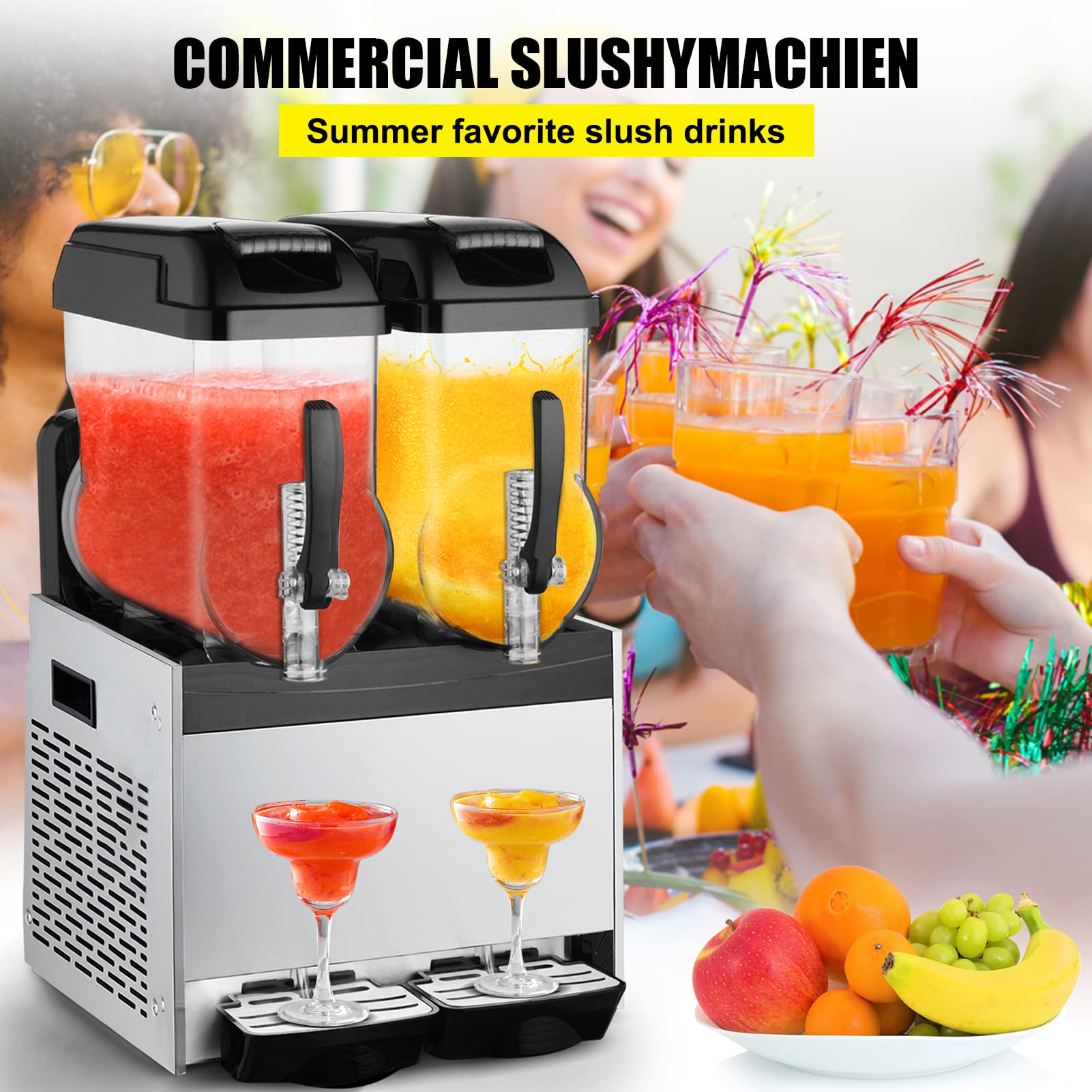 IKEKA 110V Commercial Slushy Machine 24L Double Tank Frozen Drink Slushie Maker Machine 600W Stainless Steel Margarita Machine for Supermarkets Cafes Restaurants Bars (Black)