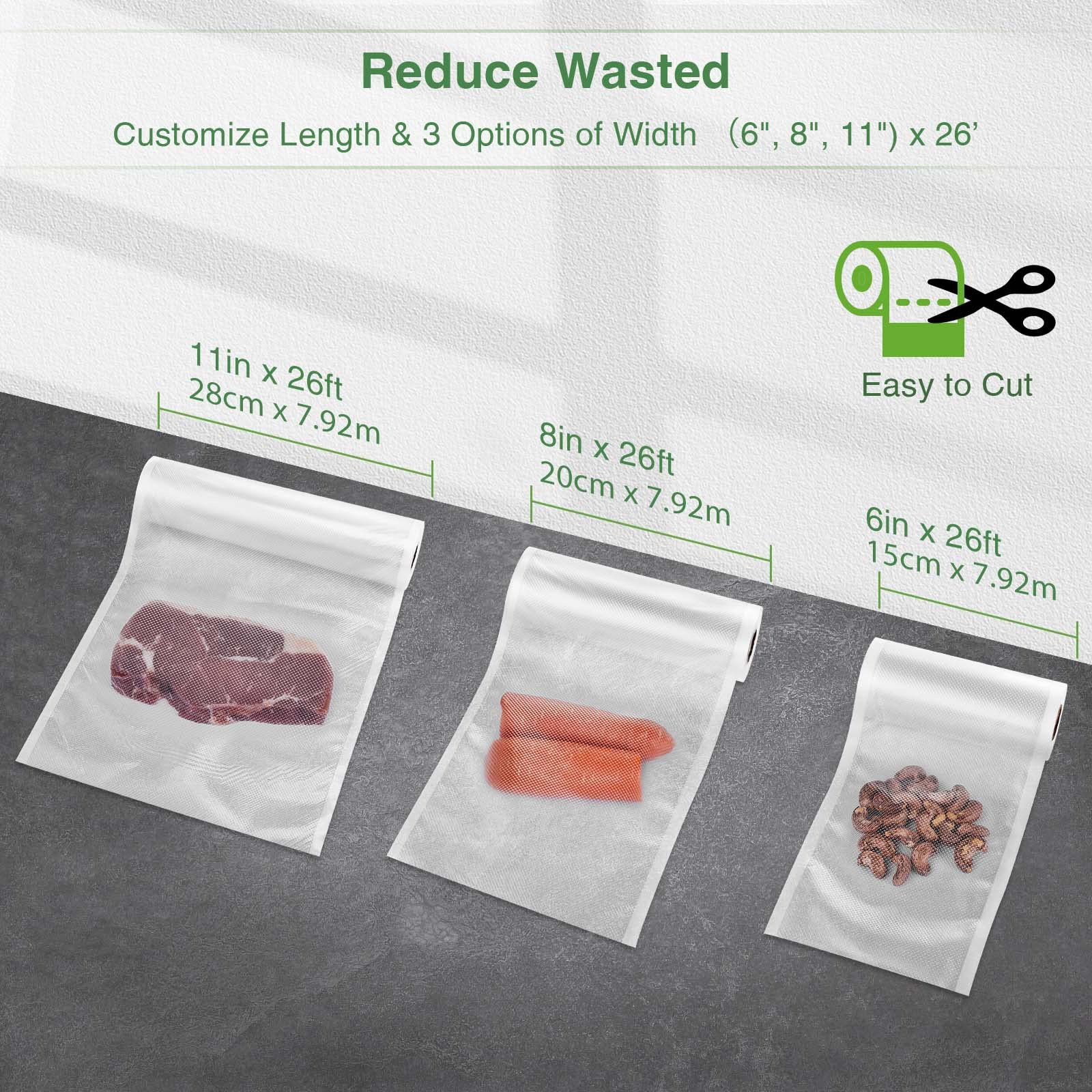 Vtuuu Vacuum Sealer Bags 3 Pack (6", 8", 11") x 25 ft Each Food-Safe Compatible with Most Vacuum Sealers