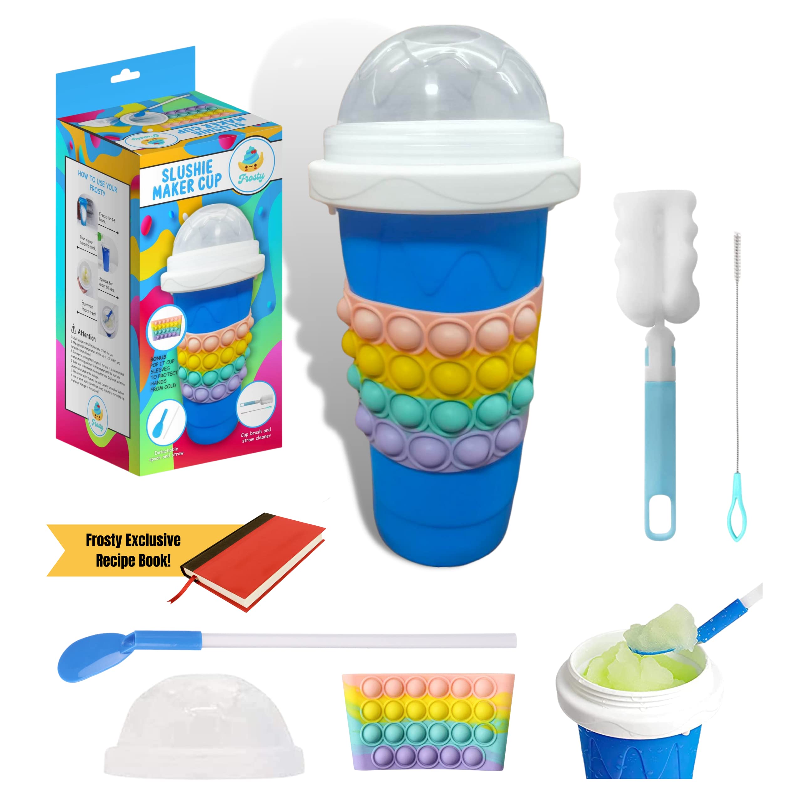 FROSTY - Magic Slushy Maker Squeeze Cup - Tiktok Smoothie- Frozen Drink - Soda Slushie - Ice Cream - Bonus Straw Spoon, Brush Cleaner, Pop It Squeeze Sleeve & Recipe