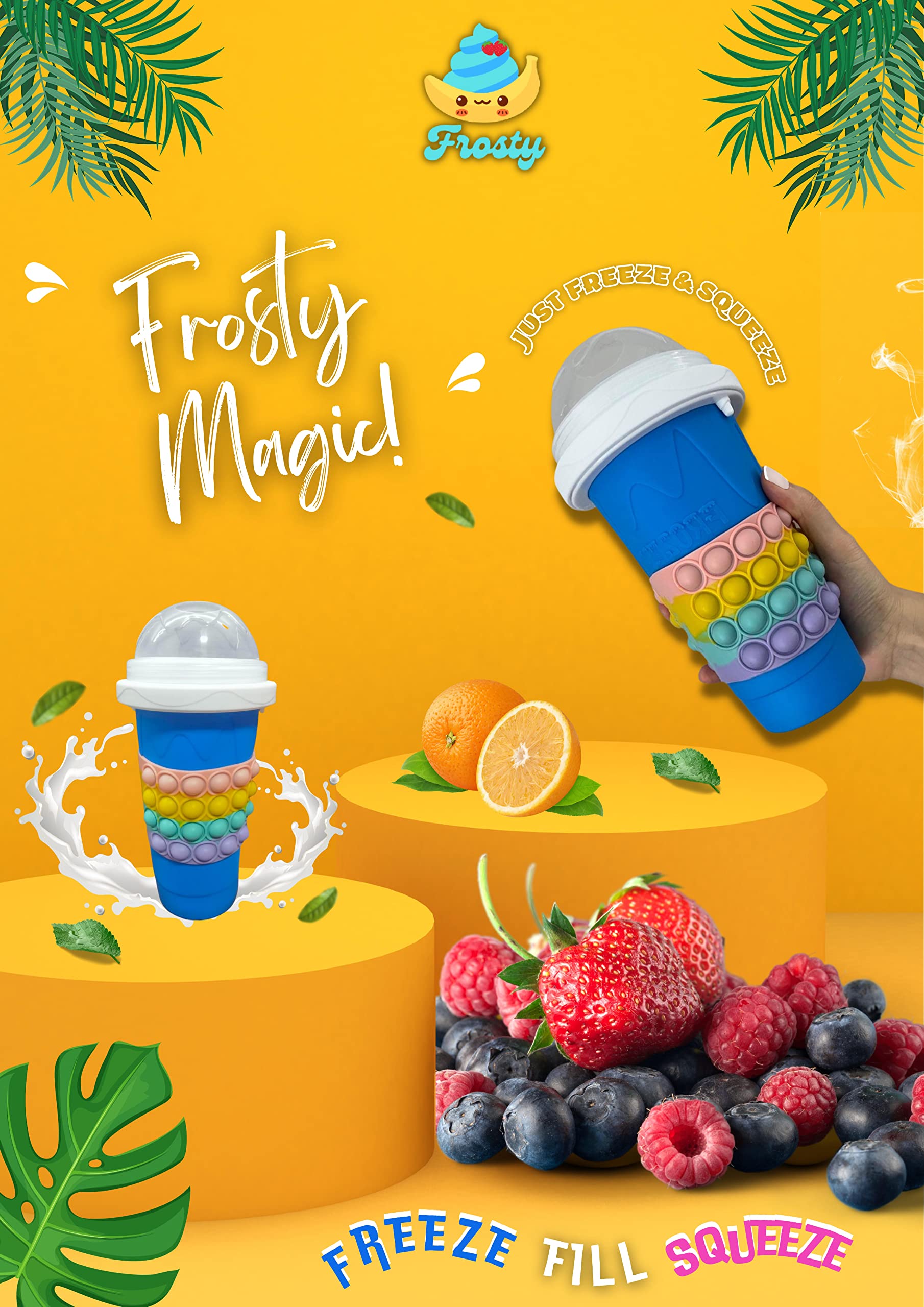 FROSTY - Magic Slushy Maker Squeeze Cup - Tiktok Smoothie- Frozen Drink - Soda Slushie - Ice Cream - Bonus Straw Spoon, Brush Cleaner, Pop It Squeeze Sleeve & Recipe