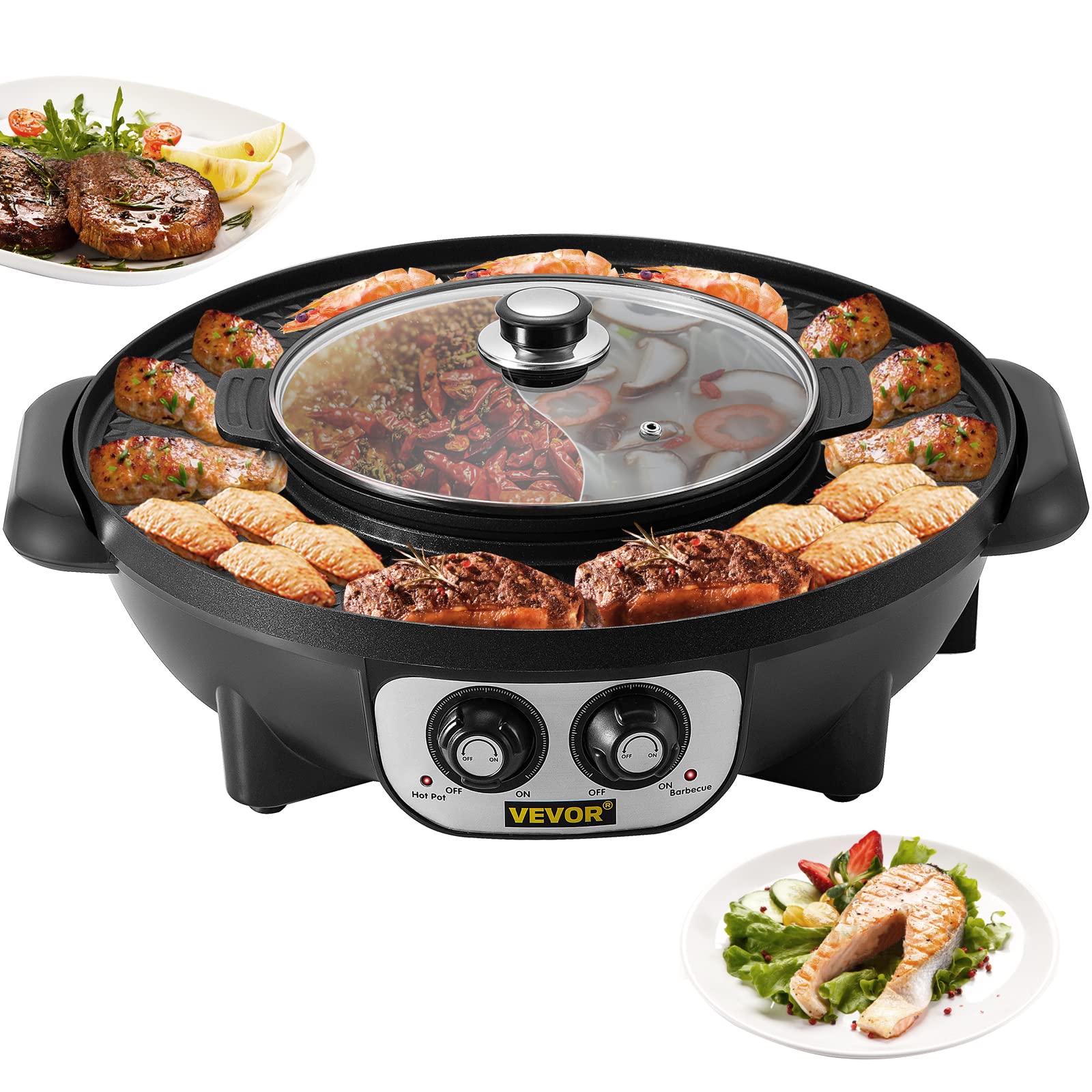 VEVOR 2200W 2 in 1 HotPot Multi-Function Smokeless Dual Temp Control, Hot-Pot Grill with Nonstick Coating for BBQ, Steaks, Shabu, 1200W, Black