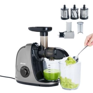 jocuu slow masticating juicer bundle set with vegetable shredder/slicer attachment, 3 easy to use and clean interchangeable blades, quiet motor & reverse function