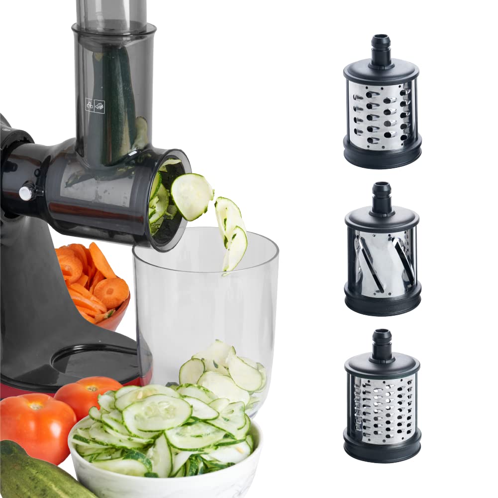 JOCUU Slow Masticating Juicer Bundle Set with Vegetable Shredder/Slicer Attachment, 3 Easy to Use and Clean Interchangeable Blades, Quiet Motor & Reverse Function