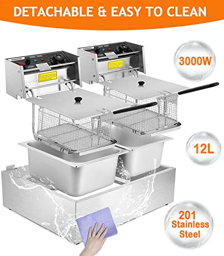 Wesoky 20.7 Qt Commercial Electric Deep Fryer with 2 Baskets, 2x6L Large Dual Tank Electric Deep Fryer Countertop for French Fries Turkey Restaurant Home Fast Oil Fryer with Temperature Control