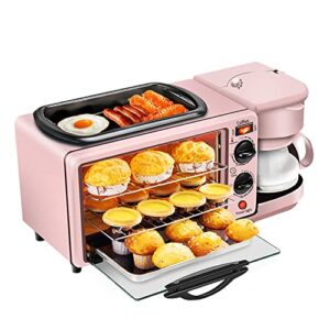 Breakfast Station 3 in 1Multifunctional Toaster Oven Station Coffee Maker Stainless Toaster With Griddle for Making Coffee,Cake,Sandwiches (Pink)