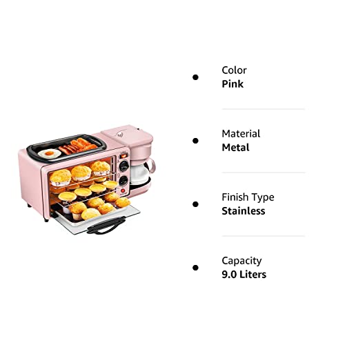 Breakfast Station 3 in 1Multifunctional Toaster Oven Station Coffee Maker Stainless Toaster With Griddle for Making Coffee,Cake,Sandwiches (Pink)