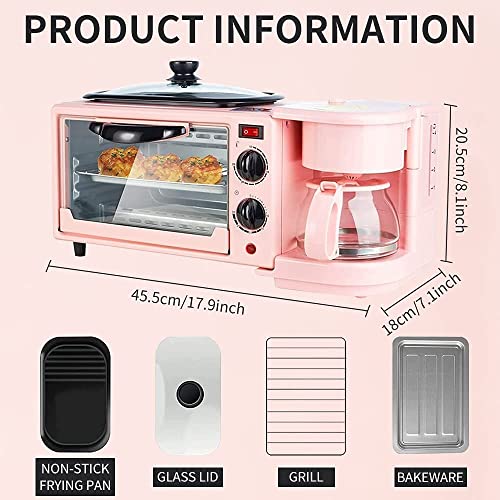 Breakfast Station 3 in 1Multifunctional Toaster Oven Station Coffee Maker Stainless Toaster With Griddle for Making Coffee,Cake,Sandwiches (Pink)