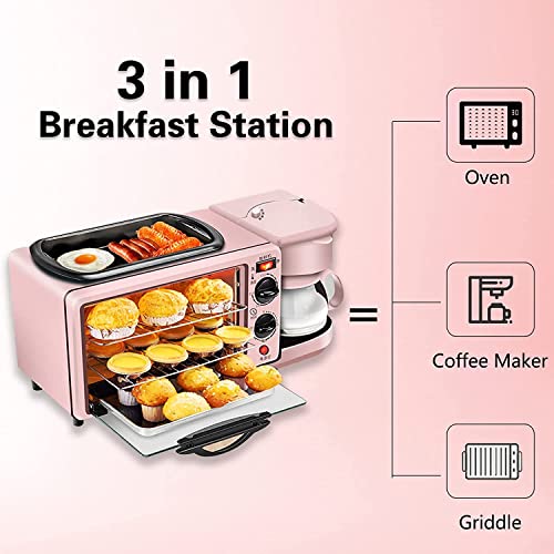 Breakfast Station 3 in 1Multifunctional Toaster Oven Station Coffee Maker Stainless Toaster With Griddle for Making Coffee,Cake,Sandwiches (Pink)