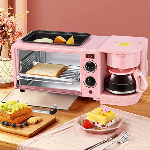 Breakfast Station 3 in 1Multifunctional Toaster Oven Station Coffee Maker Stainless Toaster With Griddle for Making Coffee,Cake,Sandwiches (Pink)