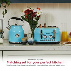 Homeart Chelsea Collection - Cordless Kettle With Temperature Gauge and 4-Slice Toaster with Adjustable Browning Control - Stainless Steel Retro Design, Turquoise