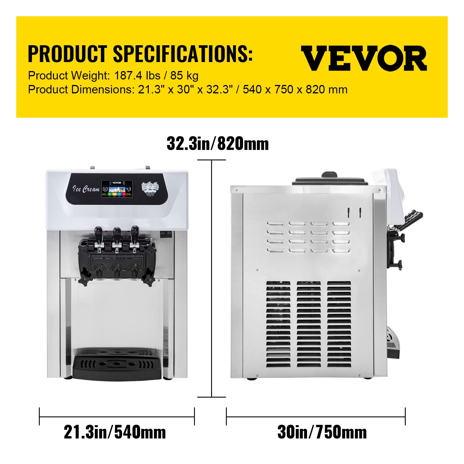 VEVOR Commercial Soft Ice Cream Machine, 3 Flavors Ice Cream Machine w/Pre-Cooling, 5.3-7.4 Gal/H Gelato Machine Commercial, 2200W Countertop Commercial Yogurt Maker Machine, w/LCD Intelligent Panel