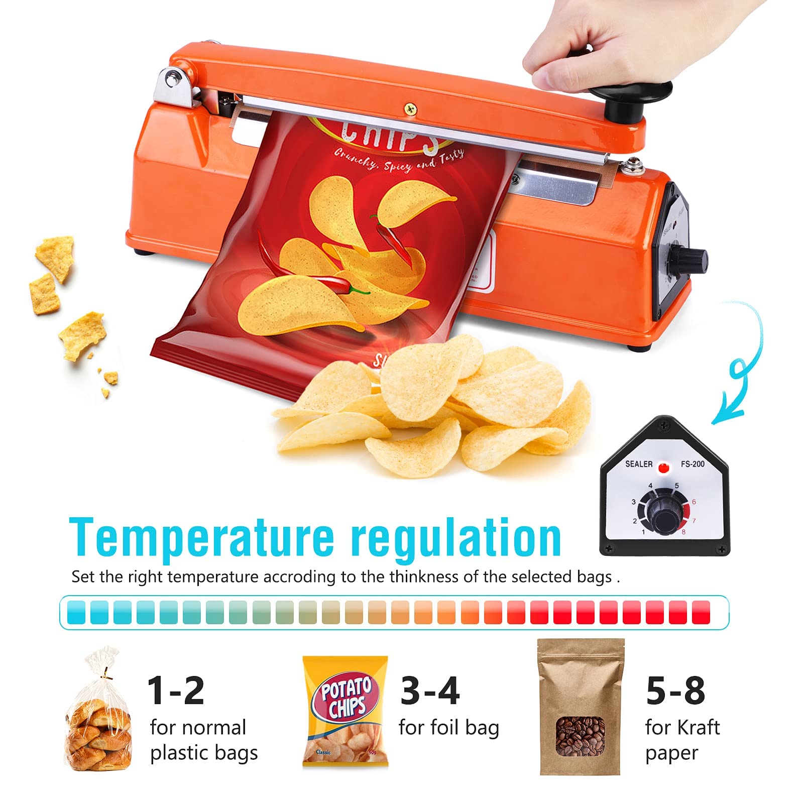 Metronic 8 inch Impulse Bag Sealer Poly Bag Sealing Machine Heat Seal Closer with Repair Kit in Orange