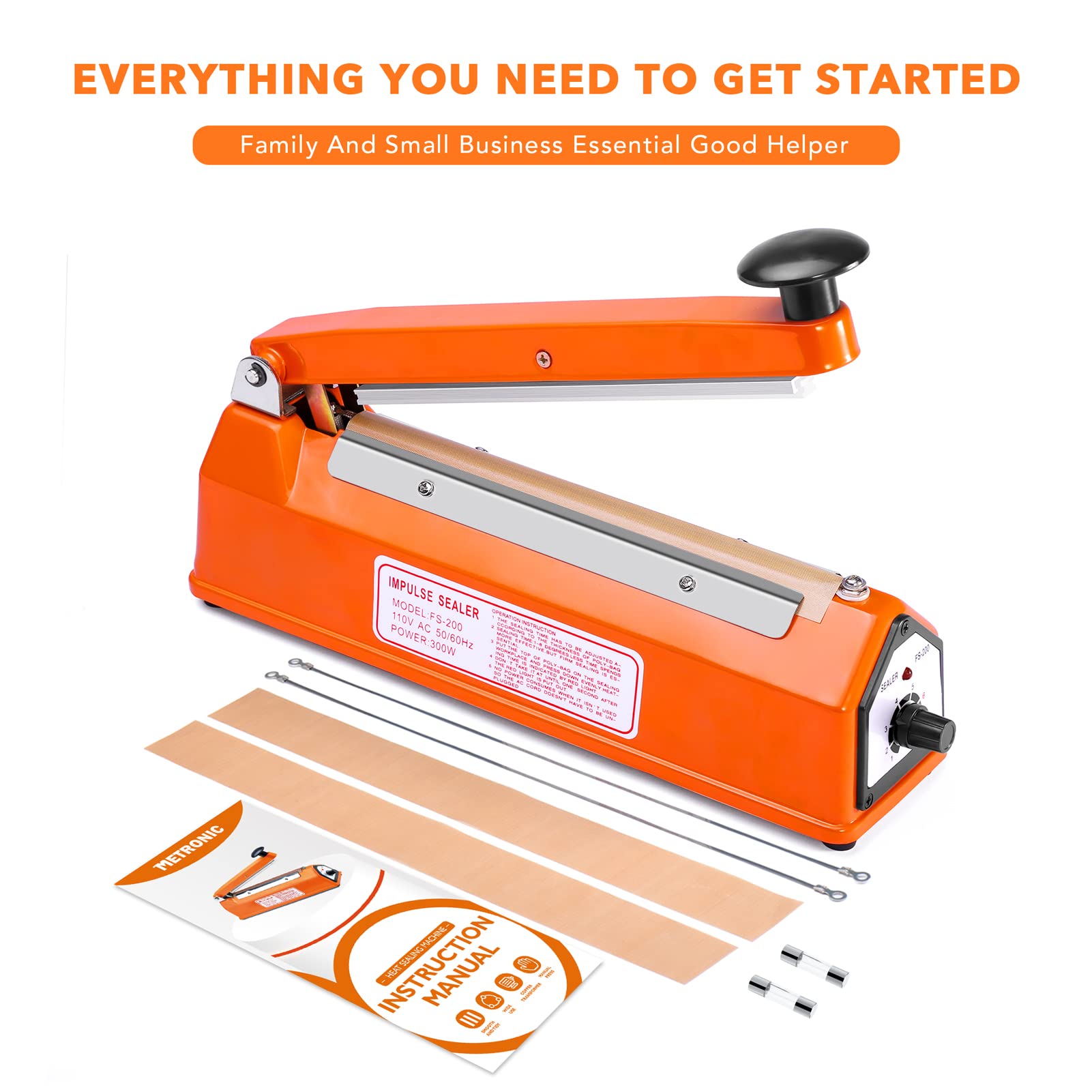 Metronic 8 inch Impulse Bag Sealer Poly Bag Sealing Machine Heat Seal Closer with Repair Kit in Orange