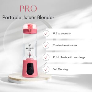 Blendi Pro Plus Premium Cordless Portable 17.5oz Rechargeable Blender - Crush Ice, Fruit & Blend Sports Powders in Seconds - Stainless Steel Blades w/High Powered 120W Motor - Gym, Tailgates (Pink)