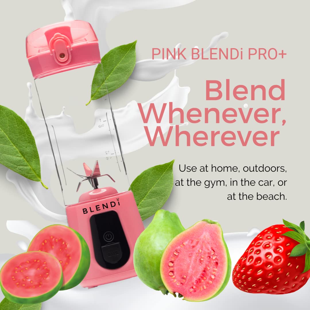 Blendi Pro Plus Premium Cordless Portable 17.5oz Rechargeable Blender - Crush Ice, Fruit & Blend Sports Powders in Seconds - Stainless Steel Blades w/High Powered 120W Motor - Gym, Tailgates (Pink)