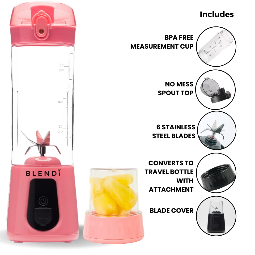 Blendi Pro Plus Premium Cordless Portable 17.5oz Rechargeable Blender - Crush Ice, Fruit & Blend Sports Powders in Seconds - Stainless Steel Blades w/High Powered 120W Motor - Gym, Tailgates (Pink)