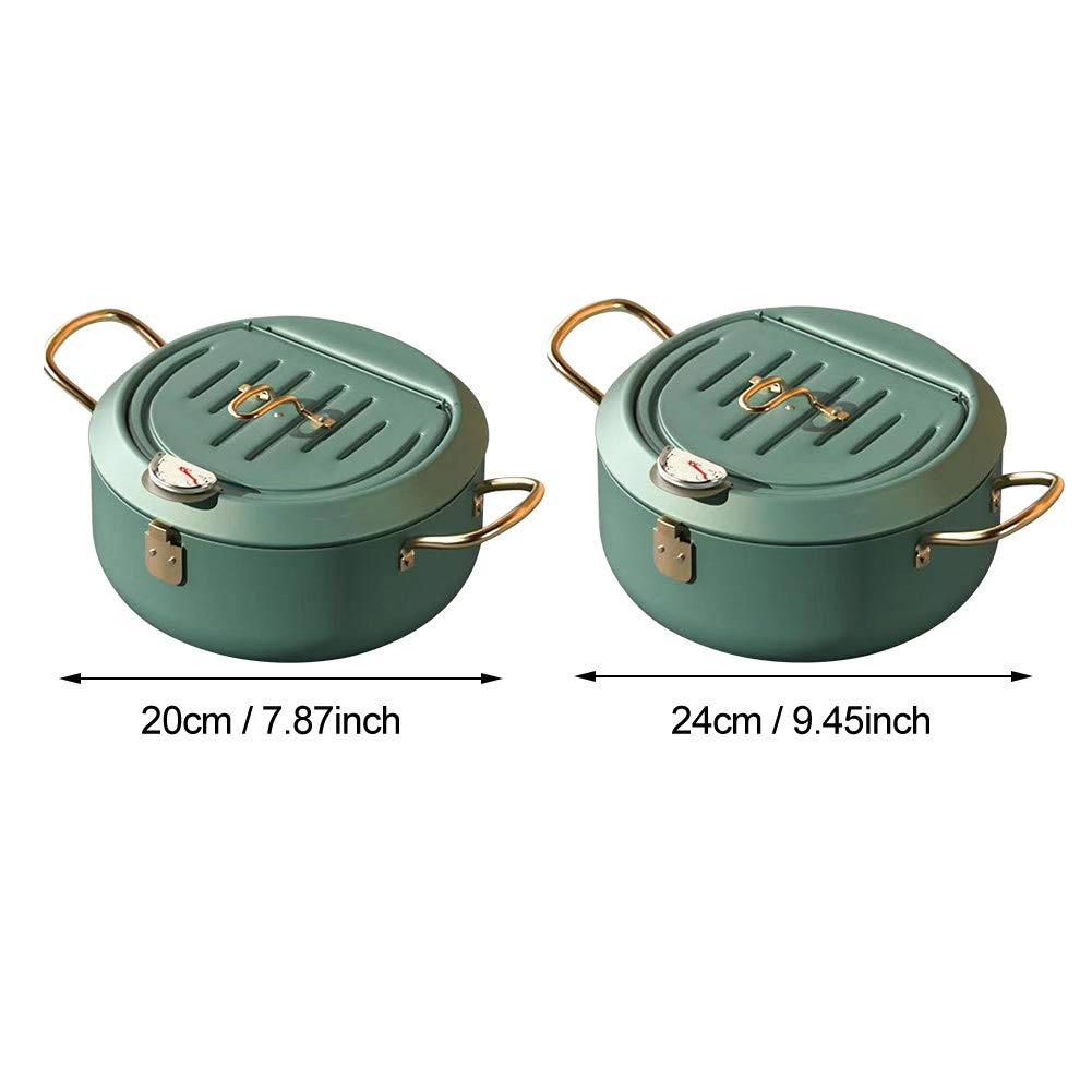 Tempura Frying Pan, 10 inch Deep Fryer Pot with Temperature Control, Carbon Steel Japanese Fryer Pot for Kitchen Home Cooking Chicken Legs, Dried Fish Tools (Green)