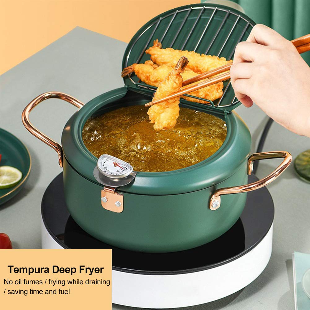 Tempura Frying Pan, 10 inch Deep Fryer Pot with Temperature Control, Carbon Steel Japanese Fryer Pot for Kitchen Home Cooking Chicken Legs, Dried Fish Tools (Green)