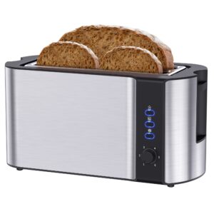 lyrifine toaster 4 slice, long slot 2 slice toaster for artisan sourdough breads, stainless steel toaster with warming rack, extra wide slots for bagels waffles (silver), extra large 10''x1.5''
