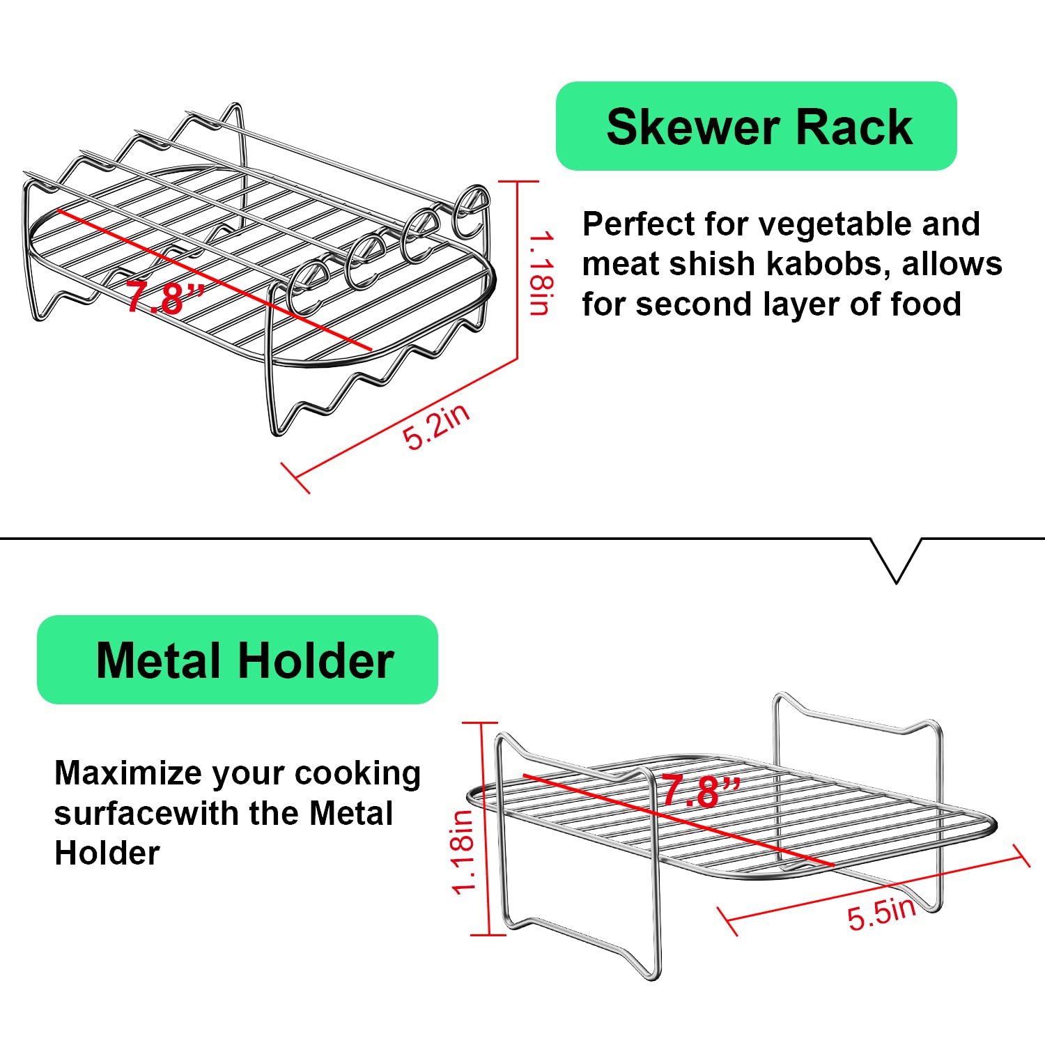 MFTEK Air Fryer Rack Set Of 2 for Dual Basket, Air Fryer Accessories Dehydrator Rack, Multi-purpose Double Layer Rack with Skewer, Compatible with Double Basket Air Fryers Ninja Foodi DZ201/401