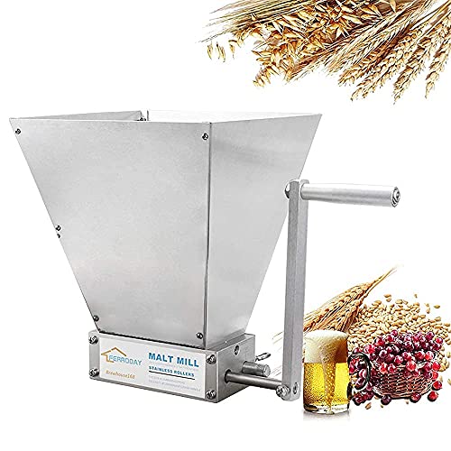 FERRODAY Malted Grain Mill Malt Stainless Steel 2 Roller Malt Mill Homebrew Malted Grain Crusher Manual Grain Mill Slow Drill Available Malt Crusher Adjustable Gap Malted Barley Grinder - No Base Type