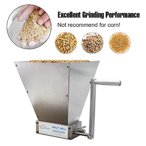 FERRODAY Malted Grain Mill Malt Stainless Steel 2 Roller Malt Mill Homebrew Malted Grain Crusher Manual Grain Mill Slow Drill Available Malt Crusher Adjustable Gap Malted Barley Grinder - No Base Type