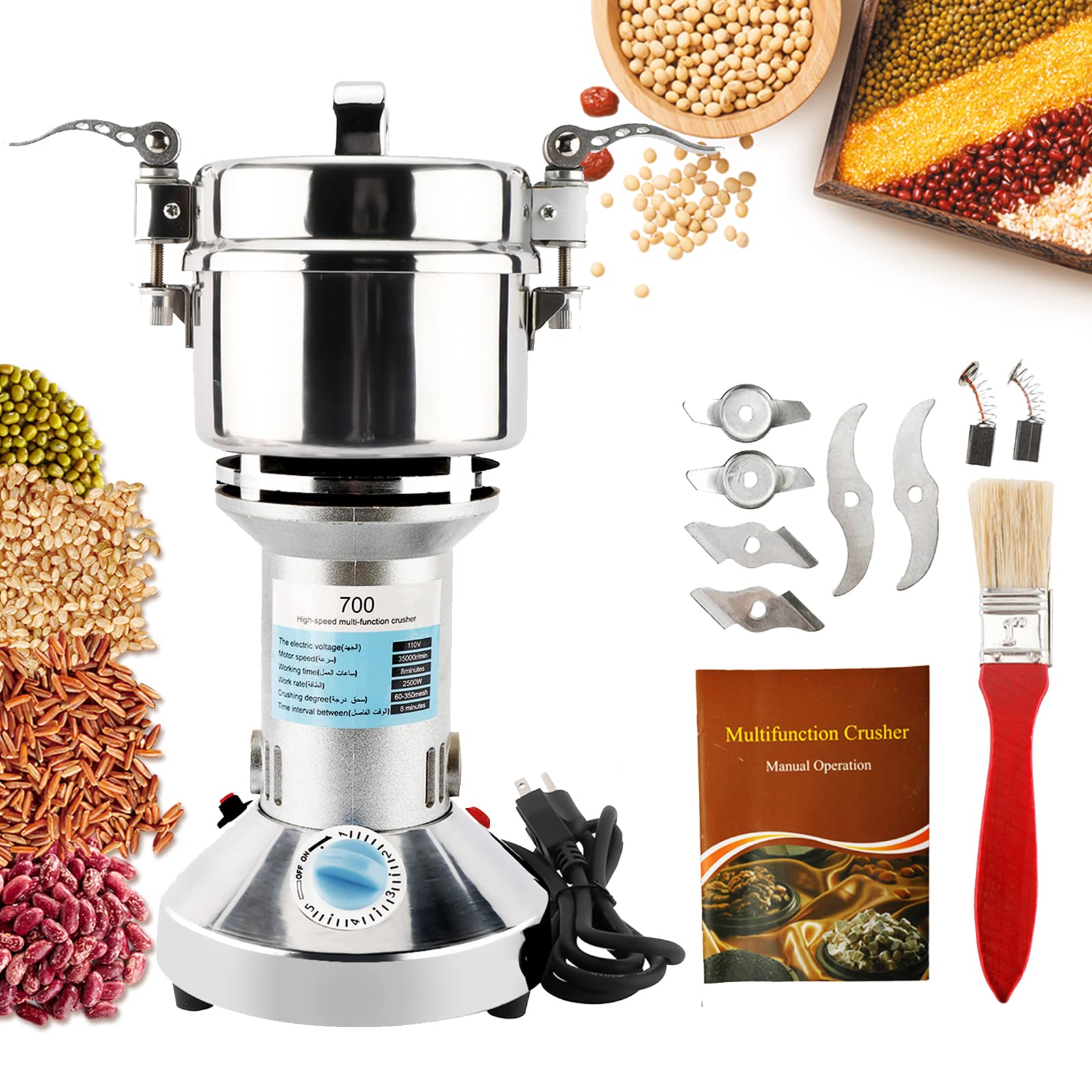 HighFree 700g Electric Grain Grinder Mill, 110V 2500W High Speed Electric Pulverizer Herb Grain Spice Coffee Seeds Rice Corn Pepper Cereal Powder Machine for Kitchen, Food Store