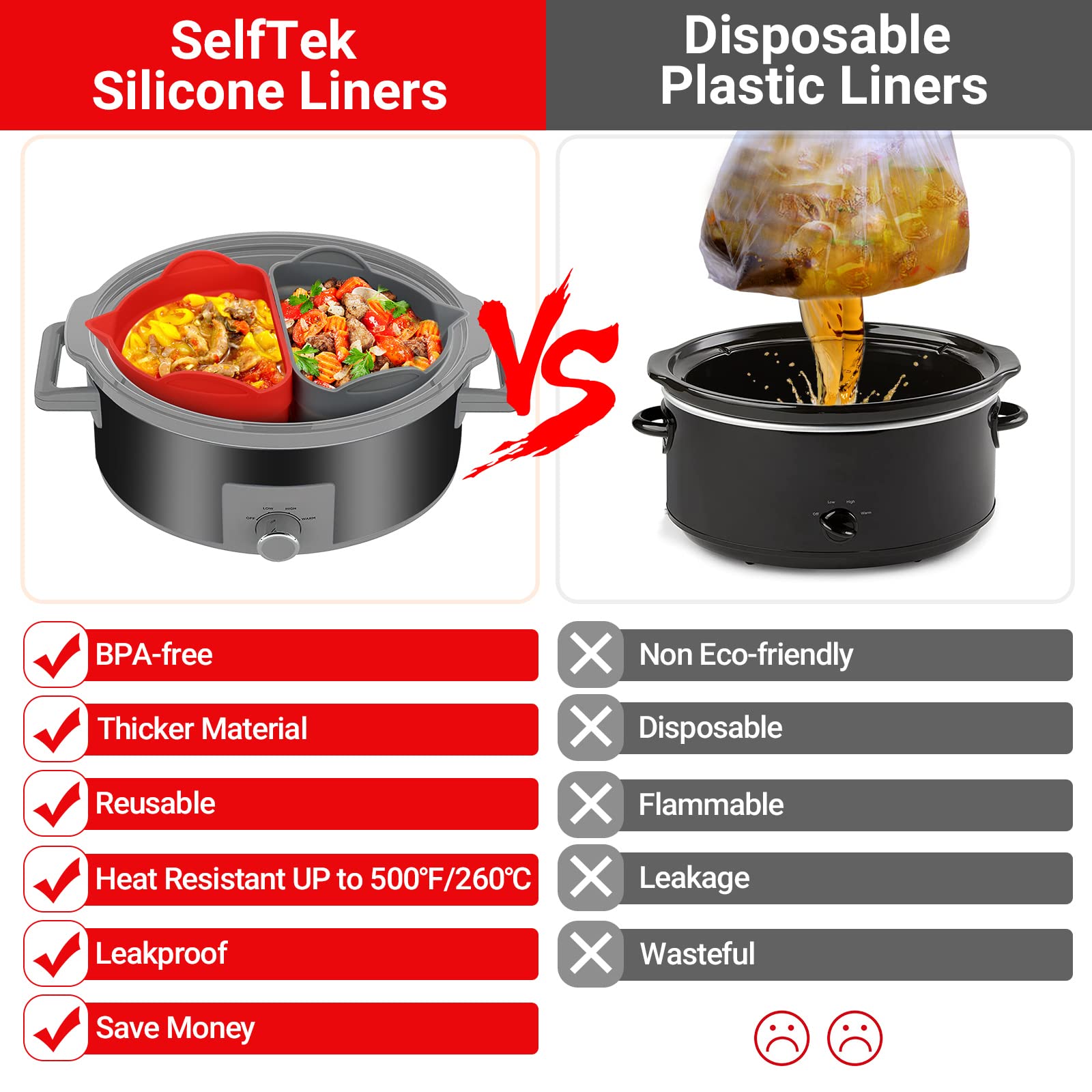 SelfTek Slow Cooker Divider, Divider Insert Silicone for Crockpot & Hamilton Beach 6-8 QT,2 Pack Food-Grade Reusable & Leakproof Divider Separator Liner,BPA Free Dishwasher Safe Cooking Liner