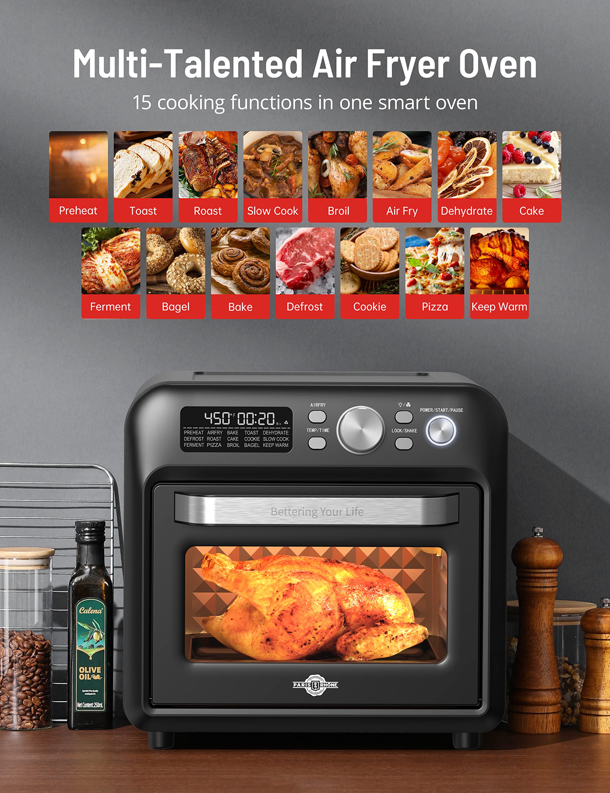 PARIS RHÔNE Air Fryer Oven 19QT, Family-Sized Toaster Oven, Convection Oven with Child Lock, Fits 12-inch Pizza, 6-Slice Toast, Button & Knob-Controlled Kitchen Appliance, Dishwasher Safe (19QT)