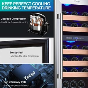 Yeego Wine Fridge, 15 Inch Wine Cooler,Dual Zone 28 Bottle Wine Cooler Refrigerator with Upgraded Compressor Fits Large Bottles, Low Noise,Reversible Tempered Glass Door,Safety Lock