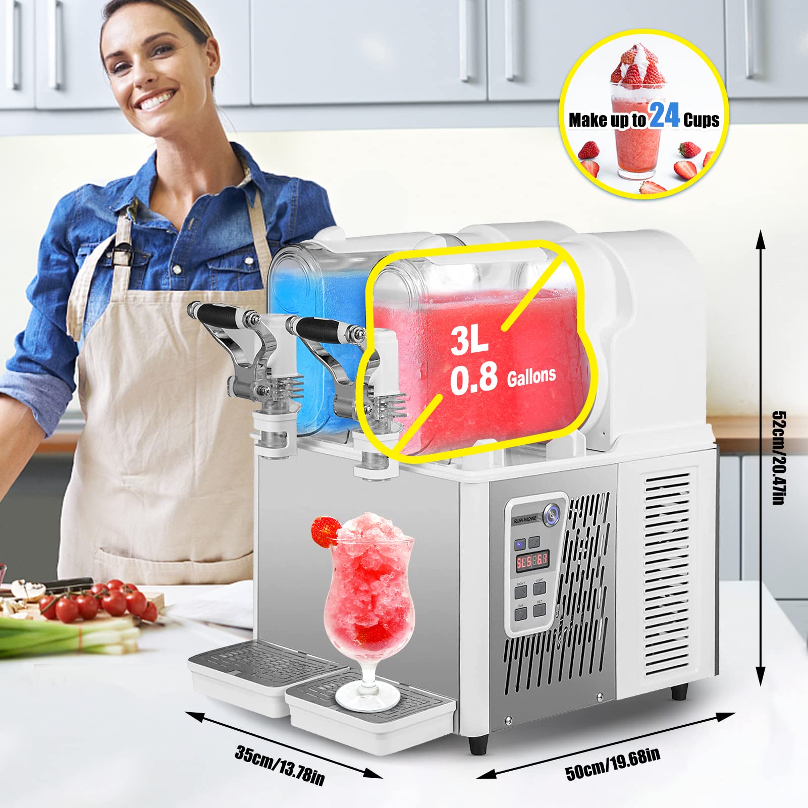 IKEKA 110V Commercial Slushy Machine 6L Double Tank Frozen Drink Slushie Maker Machine 340W Stainless Steel Margarita Machine for Supermarkets Cafes Restaurants Bars